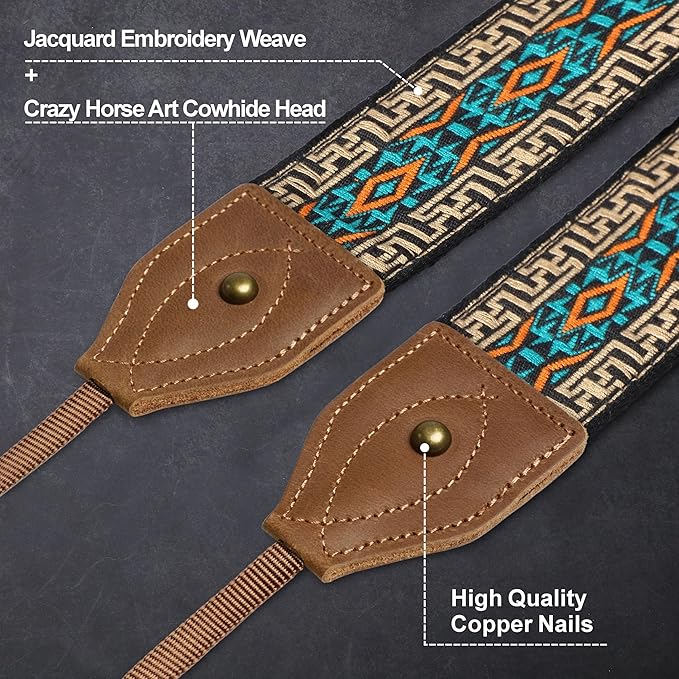 Padwa Lifestyle 2" Wide Classic Crazy Horse Art Cowhide Head Camera Strap - Jacquard Embroidery Floral Vintage Camera Straps for Photographers Gift, Adjustable Shoulder Neck Strap Fits DSLR Cameras