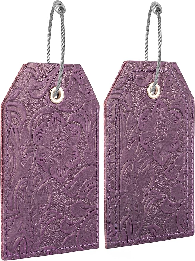 Genuine Leather Set of 2 Luggage Tag with Full Back Privacy Name ID Card Stainless Steel Loop Suitcase Labels Identifiers Baggage Tags Luggage for Women Men Travel (Purple Flower)