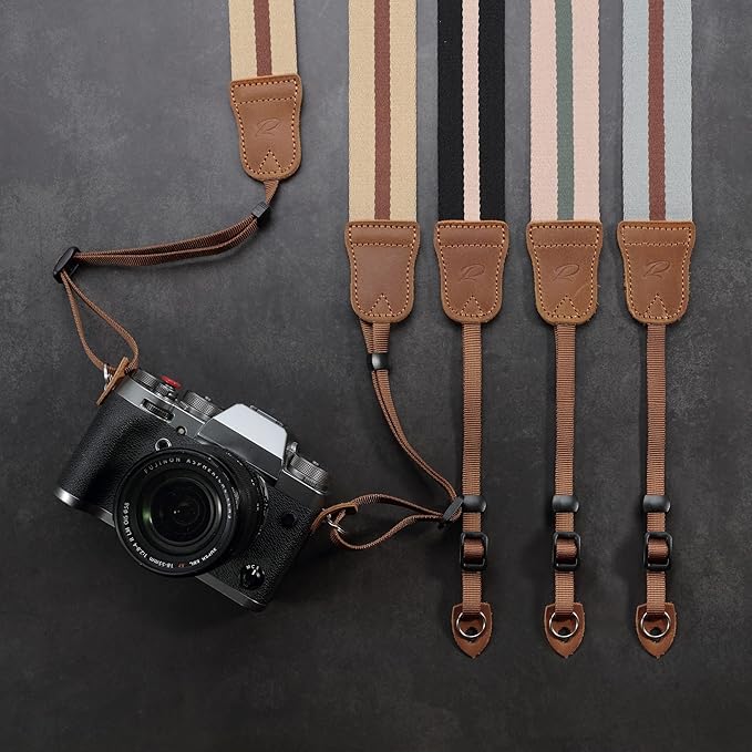 Padwa Lifestyle Stripe Camera Strap - 1.5" Double Layer Crazy Horse Cowhide Ends Camera Straps for Photographers,Universal Adjustable Pure Cotton Woven Neck Shoulder Strap for Cameras and Binoculars