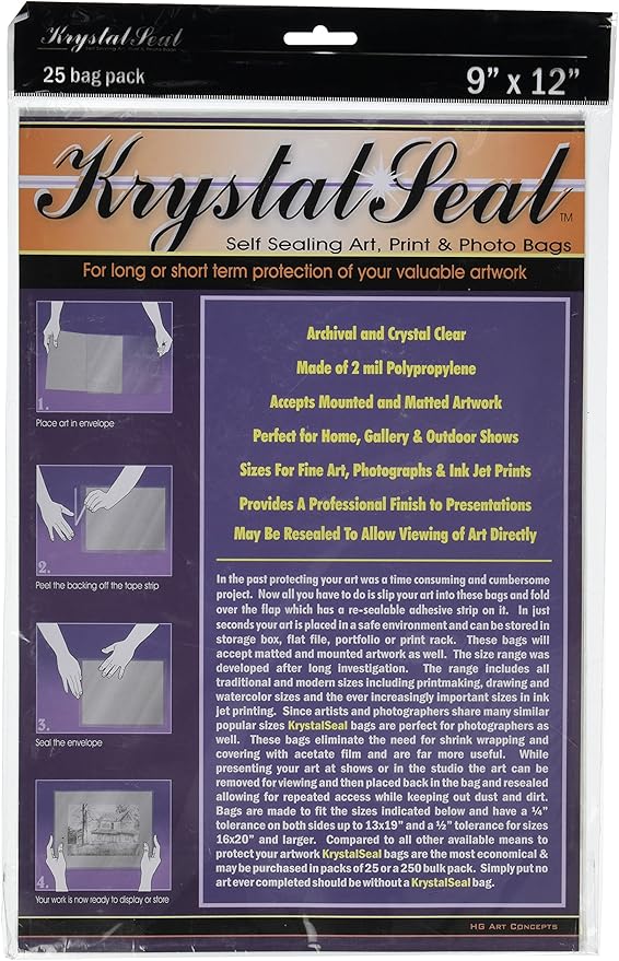 Creative Mark Krystal Seal Art and Photo Bags - Resealable Archival Storage Bags Art Sleeves Plastic Bag Used For Protecting Artwork Resealable With Adhesive Strip - [25 Pack - 9 x 12"]