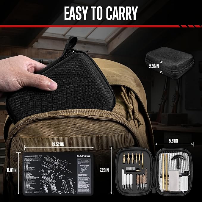 GLORYFIRE Gun Cleaning Kit Fits .22 .357/9mm .38 .40 .45 Cal Universal Handguns & Pistols Compact Carrying Case for Portability Multiple Styles with Brass or Plastic Jags & Tips for Shooting and Range