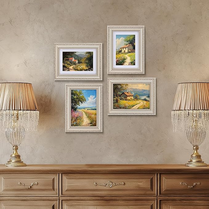 eletecpro 5x7 Picture Frames Set of 4, 5 x 7 Vintage Frames with Glass Cover, 5 by 7 Photo Frame Displays 4x6 Photo with Mat or 5x7 without Mat for Tabletop or Wall Decor, Silver Beige