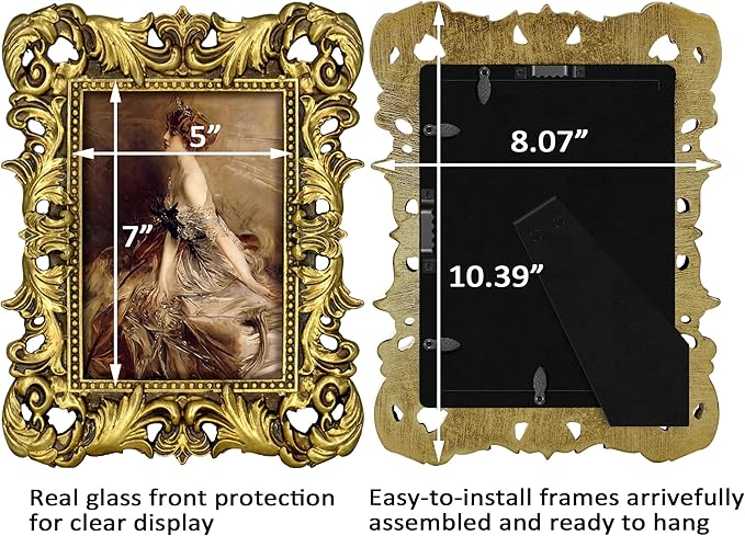 Gold Picture Frames 5x7 Vintage Gothic Ornate Antique Small Baroque Frame for Tabletop or Wall Display with Glass Front