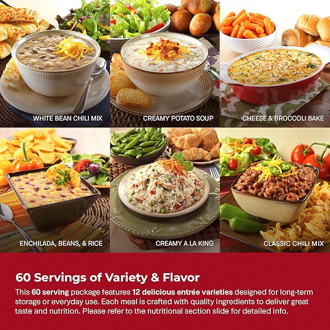 Legacy Food Storage 60 Serving Emergency Food Supply Bucket, 12 Entrees, 23,400 Total Calories, Shelf Stable Lunch & Dinner, Freeze Dried Survival Meals for MRE Camping, Hiking, Prepping