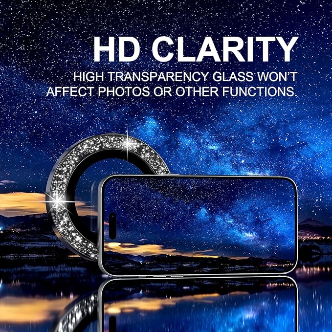 Choiche Compatible for iPhone 17 Pro/iPhone 17 Pro Max Camera Lens Protector Bling, 9H Tempered Glass Camera Cover Screen Protector Metal Ring Decoration Accessories (Glitter-Black)