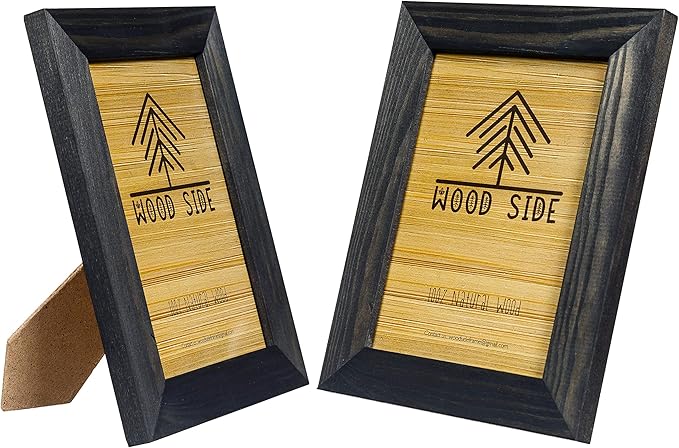 Rustic Wooden Picture Frames 4x6 - Set of 2 - Natural Eco Solid Wood and High Definition Real Glass for Wall Mounting and Tabletop Photo Frame - Black Charcoal