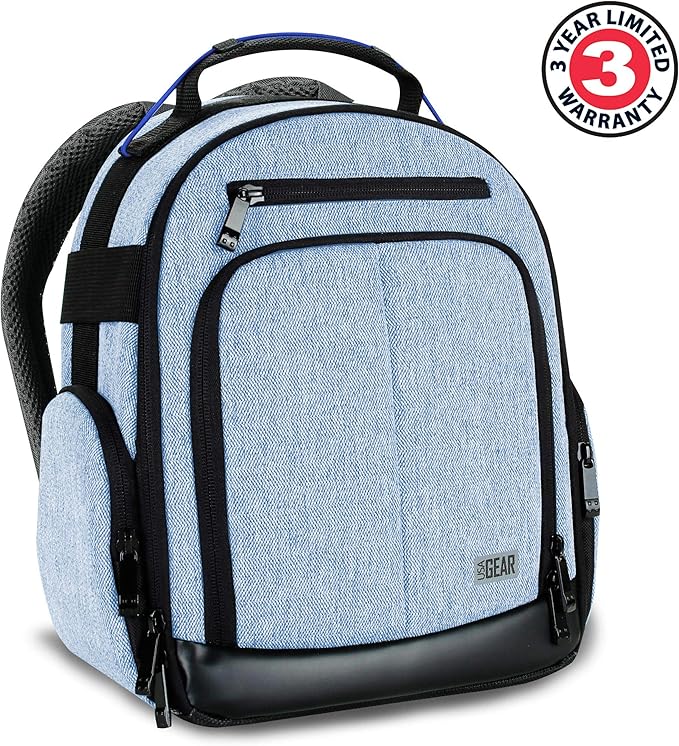 USA Gear Portable Camera Backpack for DSLR with Customizable Accessory Dividers, Weather Resistant Bottom and Comfortable Back Support - Compatible with Canon, Nikon, Sony, Fujifilm, and More (Blue)
