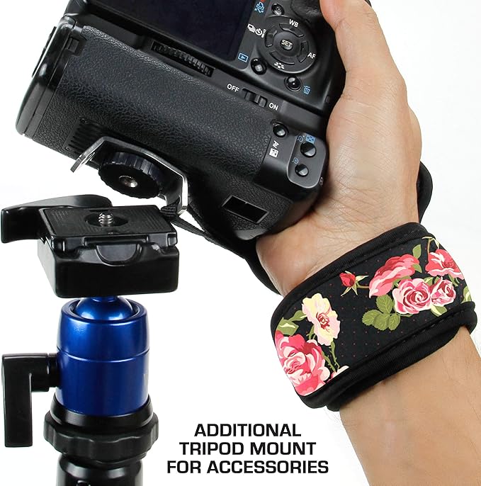 USA Gear DualGRIP Professional Grip Camera Hand Strap with Neoprene Design and Metal Plate - Compatible with Canon, Fujifilm, Nikon, Sony, and more DSLR, Mirrorless, Point & Shoot Cameras (Floral)