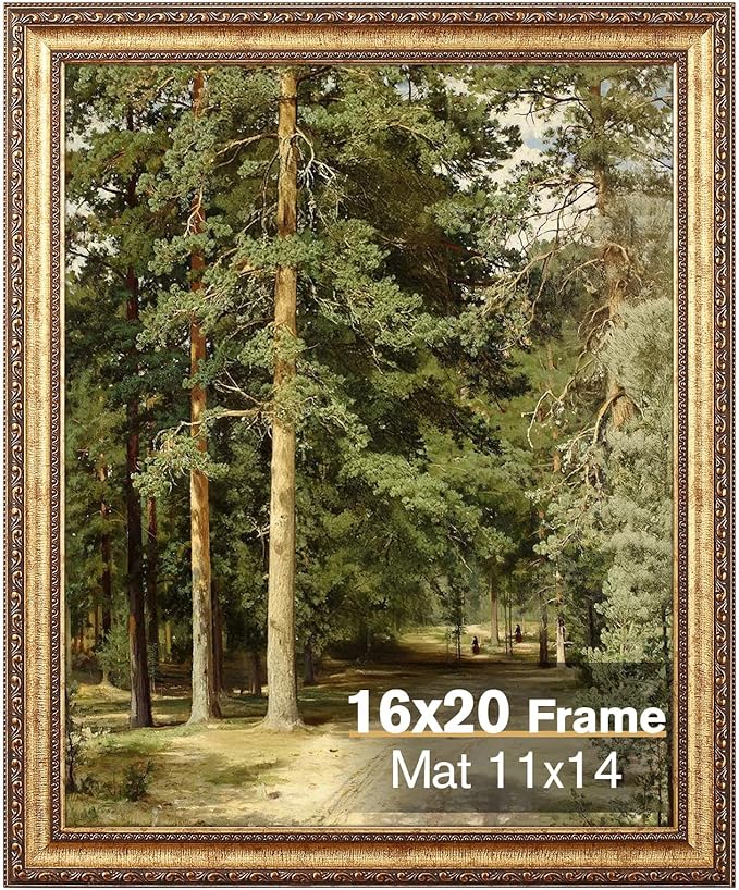 16x20 Gold Picture Frame, Ornate Vintage Picture Frames for Wall or Tabletop Display, 16 x 20 Photo Frame Gold with Non Glare Plexialass, Display Poster 11x14 with Mat or 16x20 without Mat for Antique Déco