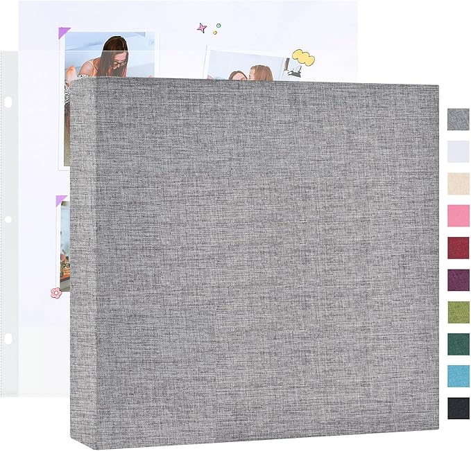 Mublalbum 10x10 Inch Large 3 Ring DIY Scrapbook Photo Album with 20 Plastic Sleeves 40 Pages Linen Cover Folder Binder for Baby Travel Wedding Anniversary and DIY Projects (Grey)