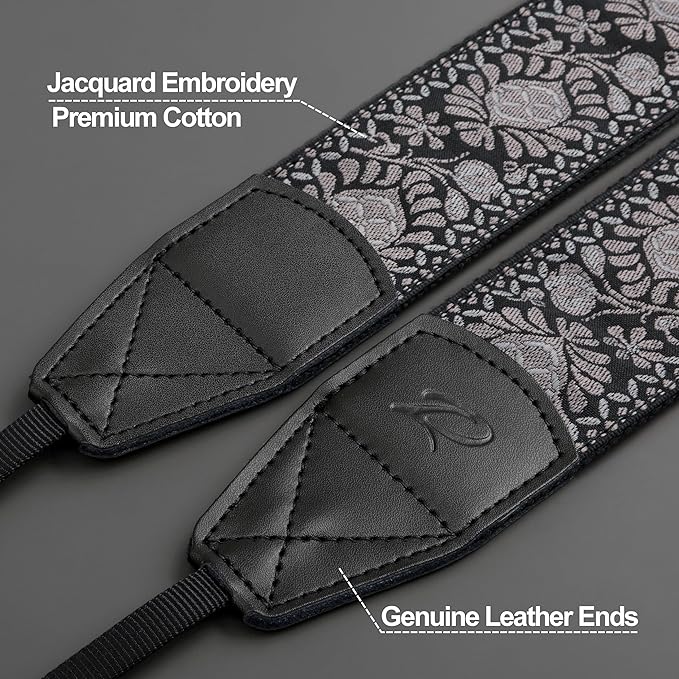 Padwa Lifestyle Camera Strap - 2" Retro Jacquard Embroidery Flower Camera Straps for Photographers,Adjustable Wide Camera Neck/Shoulder Strap with Genuine Leather Head for All DSLR/SLR Digital Cameras