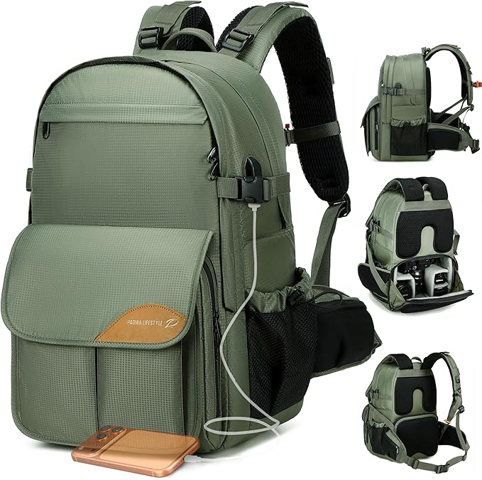 Padwa Lifestyle Professional Camera Backpack - Large Capacity Photography Camera Bag with Thick Padded Comfort Strap and Wide Waist, Versatile Photographer,Multi Cameras,Lensas,a Laptop(Green Nylon)