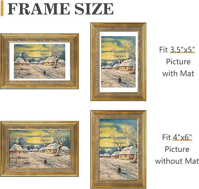 VIOLABBEY 4x6 Matte Gold Picture Frame, Display 3.5x5 Photo with Mat or 4x6 without Mat, Ornate Vintage 4 x 6 Matte Gold Frame for Wall Decor or Tabletop Display