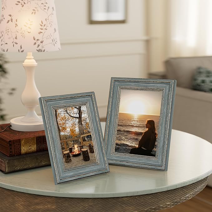 Vittanly 4x6 Picture Frame Set of 4, Vintage Photo Frame for Wall or Tabletop, Display 4x6 Pictures, Rustic Farmhouse Home Decor, Vintage Blue
