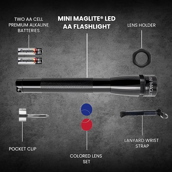 MagLite Mini LED Flashlight - Ultra Bright 127 Lumens, Adjustable Beam, Water-Resistant IPX4, Shock Resistant, 2 Power Modes, includes 2 AA Premium Alkaline Batteries - (Combo Pack, Black)