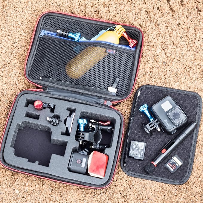 DigiCharge Action Camera Carrying Case – Fits GoPro Lit Hero 13, 12, Max 2, DJI Osmo Action 5/4 & More – EVA Hard Shell Travel Bag with Mesh Pocket, Foam Cut-Outs & Work Mat – 7×6×2.5 Inches