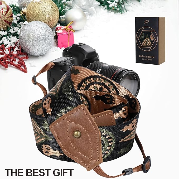Padwa Lifestyle 2" Wide Classic Crazy Horse Art Cowhide Head Camera Strap - Jacquard Embroidery Floral Vintage Camera Straps for Photographers Gift, Adjustable Shoulder Neck Strap Fits DSLR Cameras