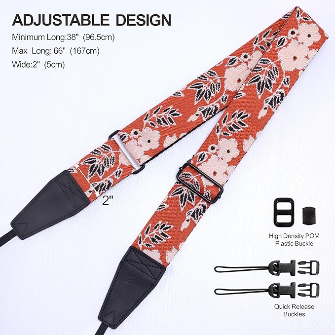 Padwa Lifestyle Adjustable Camera Strap - 2" Top Layer Cowhide Head Camera Straps for Photographers,Soft Cotton Crossbody Strap with Quick Release fits All Cameras - Brown Flower