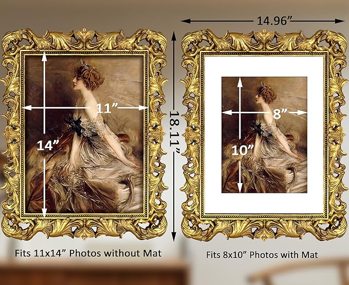 Gold 11x14 Picture Frame Vintage Ornate Picture Frames Antique Baroque for Wall Hanging, Fits 11x14 or Matted to 8x10 Photo