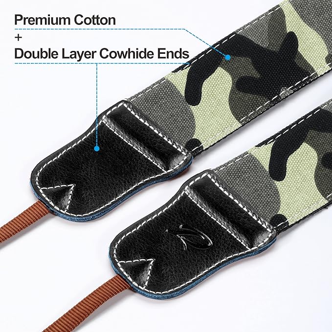Padwa Lifestyle Camouflage Camera Strap - Double Layer Cowhide Ends,2" Pure Cotton Vintage Woven forest Camo Camera Straps,Adjustable Neck & Shoulder Strap for All DSLR Cameras,Gift for Photographers