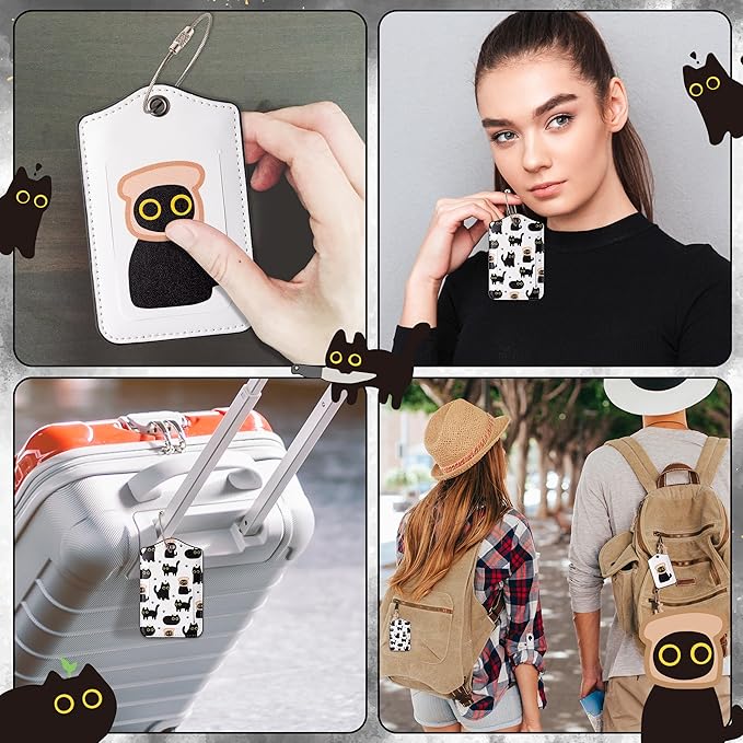 Laffact Black Cat Luggage Tag - 2 Sets Funny Kawaii Cartoon Black Kitten Cute Double Fabric PU Leather Luggage Tag Information Card Steel Loop for Women Men Suitcases Handbags Backpacks Cat Lovers