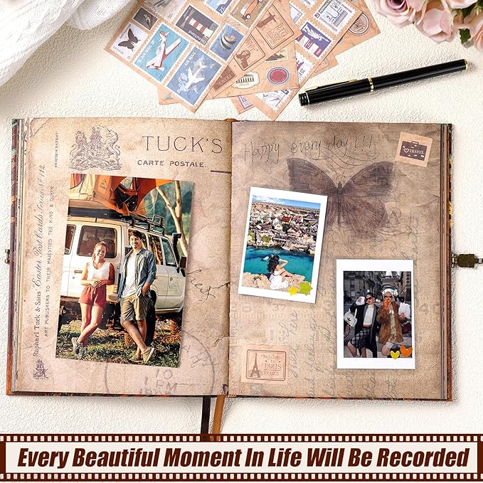My Adventure Book Scrapbook 124 Pages Retro Style Embossed Photo Album,DIY Handmade Memory Travel Diary Photo Scrapbook for Couples,Anniversary,Wedding,Valentines Day Gifts(Retro Map)