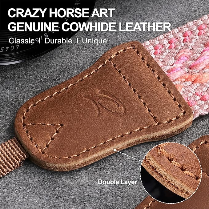 Padwa Lifestyle Speed Pink Camera Strap - 1.5" Soft Cotton Rope Weave Crazy Horse Cowhide Head Camera Straps for Photographers and All Cameras,Cute Adjustable Vintage Woven Strap for Adults & Kids