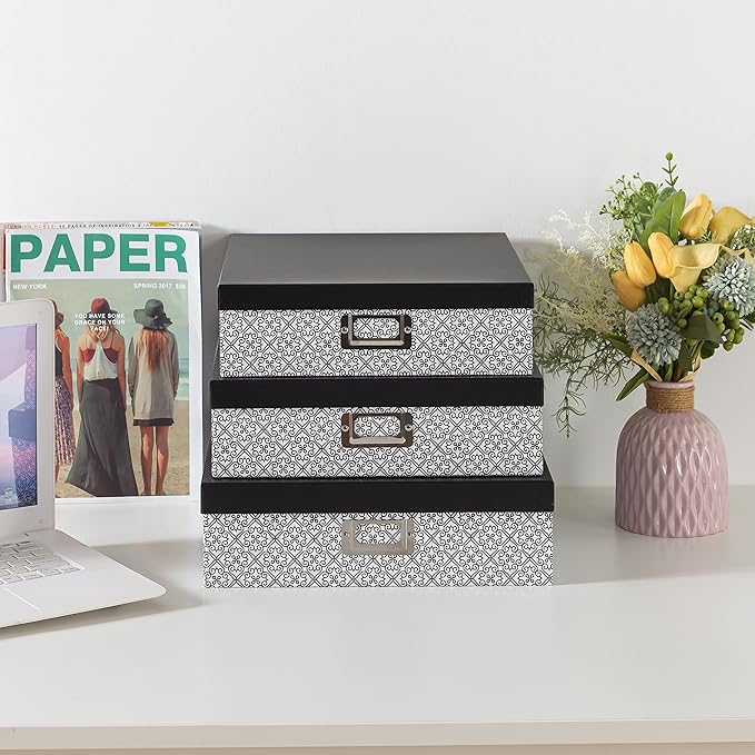 SLPR Black and White Decorative Cardboard Boxes with Lids, Set of 3 Nesting Paperboard Scrapbook Storage, Memory Boxes for Keepsakes, Photos, Letter Papers, Documents