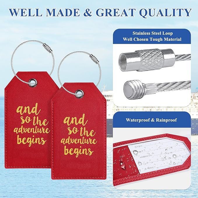Luggage Tag & Initial Baggage Tags for Suitcases Leather Bag Tags for Backpacks Handbag School Instrument with Name ID Label Travel Essentials, Unique Fun Deep Red Personalized Luggage Tags 2 Pack