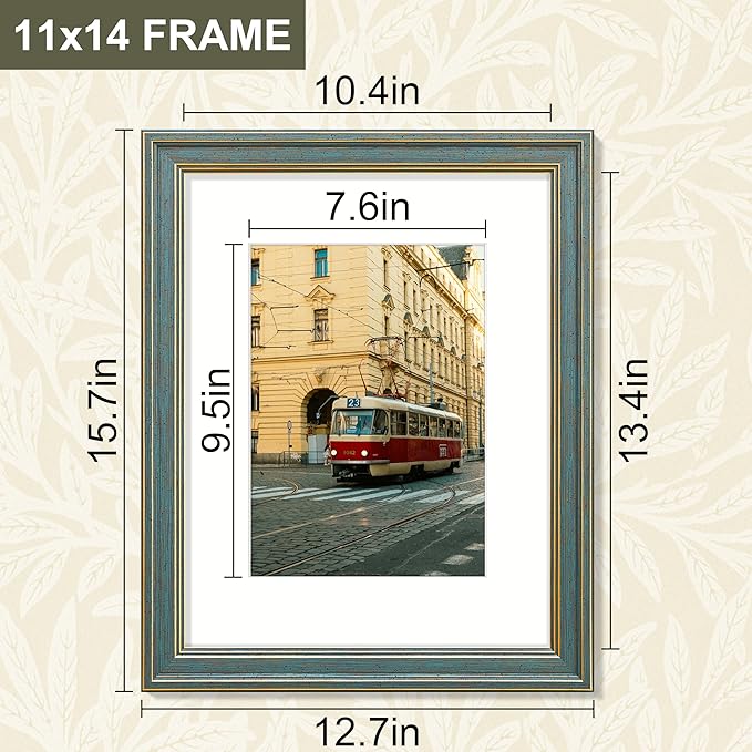 Vittanly 11x14 Picture Frame Set of 4, Vintage Photo Frame for Wall Mount, Display 8x10 Pictures with Mat or 11x14 without Mat, Rustic Farmhouse Home Decor, Blue