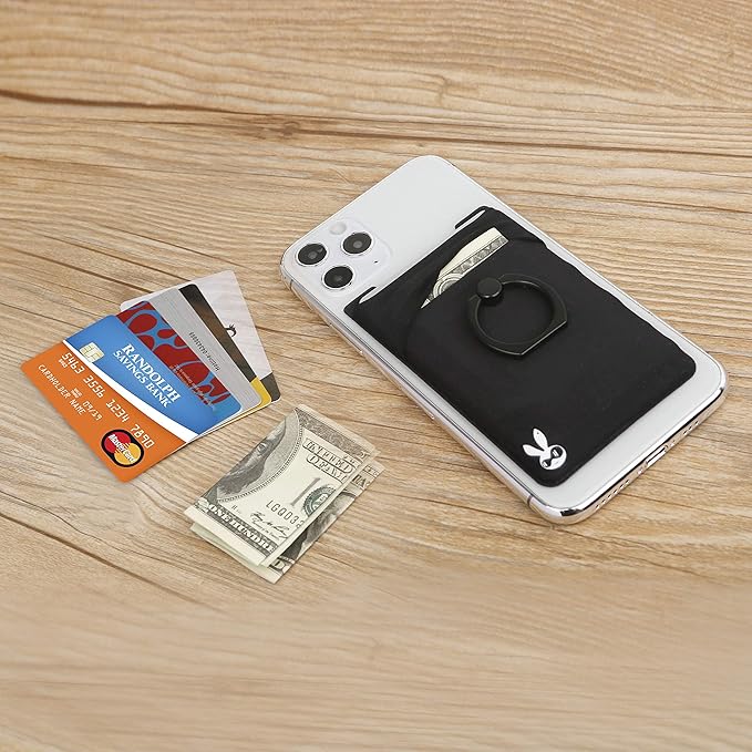 5-in-1 Cell Phone Wallet-Stick On Spandex Ring Card Holder Sleeve Back-Double-Pocket+Magnetic+Finger Grip Strap Loop+Kickstand+RFID Block,Most of Smartphones