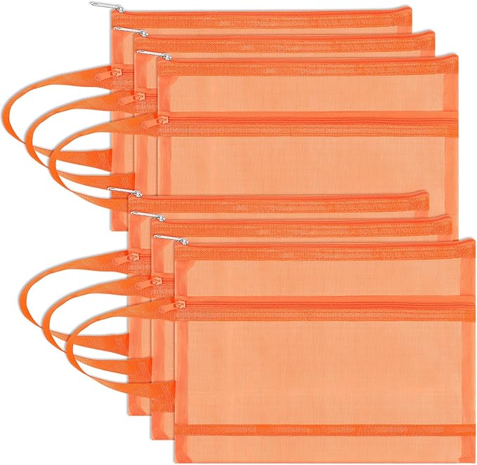Fassave 6 Pack Mesh Zipper Pouch Bags, Double Layer Nylon Pouch with Handle for Office Travel Organization (Orange, A4)