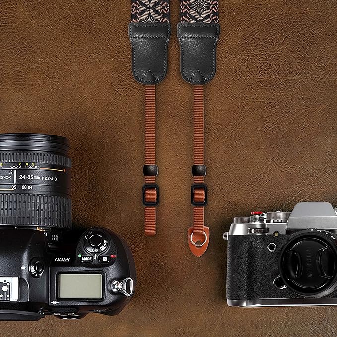 Padwa Lifestyle Mystic Grey Embroidered Camera Strap - Double Layer Cowhide Ends,2" Cotton Woven Camera Straps, Adjustable Vintage Neck&Shoulder Strap for All DSLR Cameras,Great Gift for Photographers