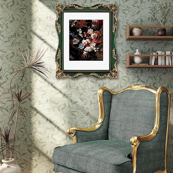Vintage Green 11x14 Picture Frame with Mat for 8x10 or 11x14 Photos, Real Glass, Ornate Baroque Gothic Victorian Frame for Wall Display