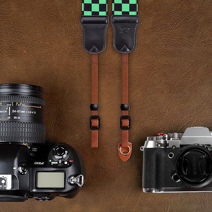 Padwa Lifestyle Green Black Plaid Camera Strap - 2" Wide Double Layer Cowhide Head,Cotton Camera Straps for Photographers,Grid Pattern Adjustable Camera Shoulder Neck Strap for All DSLR Cameras