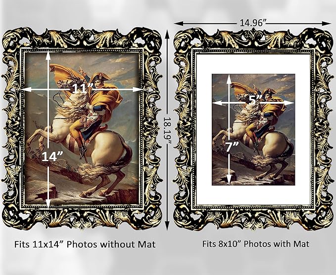 Black 11x14 Picture Frame Ornate Gothic Vintage Antique for Wall Display, Baroque Frame Fits 8x10 Photos with Mat