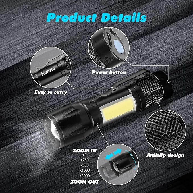KunHe 4 Pack Rechargeable Flashlights USB-C mini Small LED Lantern Flashlights Bright Clip-On Light EDC Flash Light with Side COB Light for Camping Home Emergency