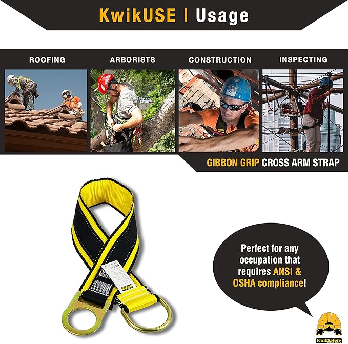 KwikSafety - Charlotte, NC - Gibbon Grip 3 ft [System] Anchor Cross Arm Strap, 10’ Self Retracting Lifeline 6’ Safety Lanyard 3 D-Ring Harness 10 lb Tool Lanyard Fall Arrest OSHA ANSI