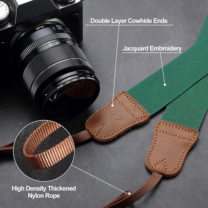 Padwa Lifestyle Green Camera Strap - Double Layer Crazy Horse Cowhide End,1.5" Wide Pure Cotton Woven Camera Straps,Adjustable Neck Shoulder Strap for All DSLR Cameras,Gift for Photographers