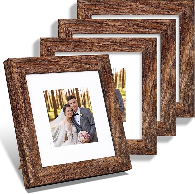 6x6 Picture Frame Set of 4, Made of Glass and Rustic Brown Wooden Frame - Display Picture 4x4 with Mat or 6 x 6 Without Mat, 6x6 Photo for Wall or Tabletop