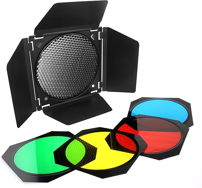 Fotoconic BD-04 Barn Door Barndoor with Honeycomb Grid and 4 Color Gel Filters (Red Yellow Blue Green) for 7 Inch Standard Reflector