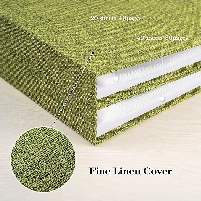 Mublalbum 12x12 Inch Large 3 Ring DIY Scrapbook Photo Album with 40 Plastic Sleeves 80 Pages Linen Cover Folder Binder for Baby Travel Wedding Couple Anniversary and DIY Projects (Green)