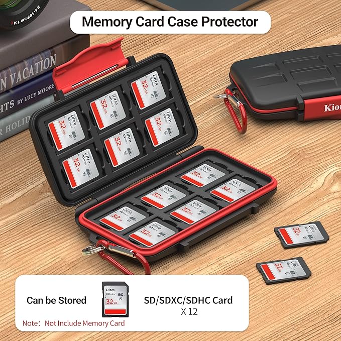 Kiorafoto 12 Slots SD SDHC SDXC Card Holder Case Professional Water-Resistant Anti-Shock Memory Card Storage Protector Wallet with Carabiner