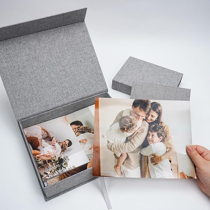 Vienrose Linen 8" x 10" Photo Cases and Postcard Keeper Storage Container Box 1Pcs for Photo, Postcard, Decorative Paper, Gray