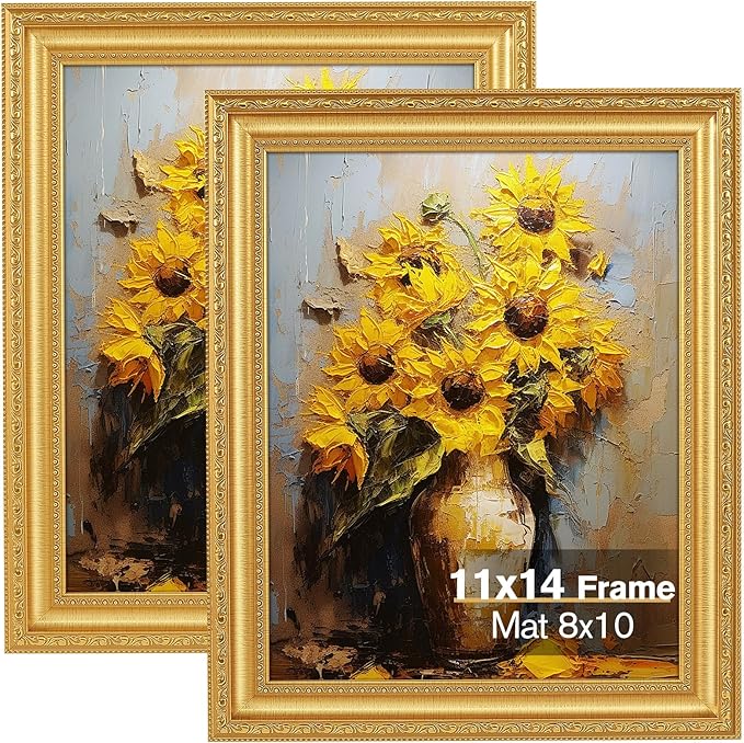 11x14 Gold Picture Frame Set of 2, Ornate Vintage 11x 14 Photo Frame for Wall Decor , 11 x 14 Gold Frames with Real Glass, Display 8x10 Pictures with Mat or 11x14 without Mat for Antique Déco