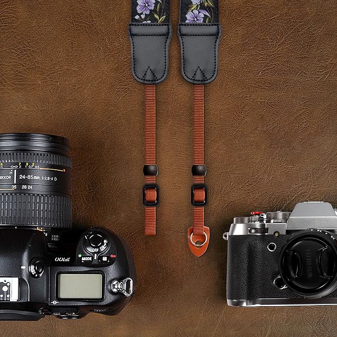 Padwa Lifestyle Purple Flower Camera Strap - 2" Double Layer Cowhide Head Camera Straps for Photographers，Adjustable Neck & Shoulder Vintage Jacquard Embroidery Flower Cotton Strap for all Cameras