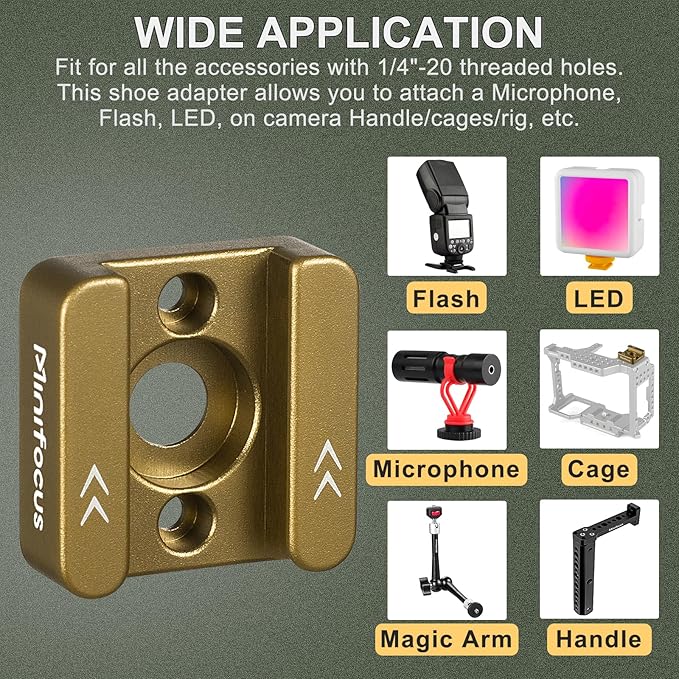 MINIFOCUS Cold Shoe Mount Adapter with 1/4" Thread Hole, 2 Pack Aluminum Alloy Tripod Shoe Mount for DSLR Camera Cage Camcorder Rigs Microphone Flash LED Light Monitor