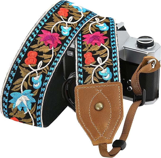 Padwa Lifestyle Camera Strap - 2" Wide Classic Vintage Crazy Horse Arts Cowhide Head Cotton Embroidered Universal Neck Shoulder & Crossbody Camera Straps for Photographers Gift and All DSLR Cameras