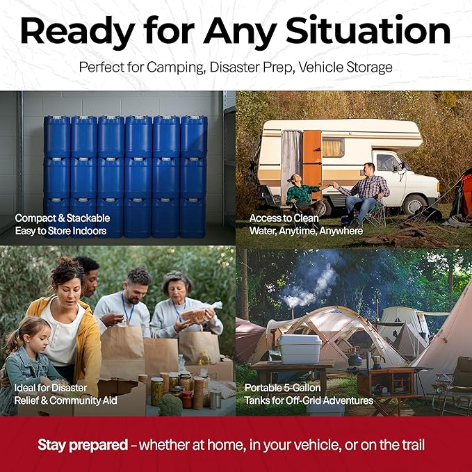 Emergency Water Storage Containers 10 Gallon, Long Term 5 Gallon Water Tank - 2 Stackable Food Grade Tanks Included, for Camping, Prepping, Survival - 10 Gallon Total Capacity
