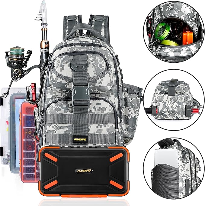 PLUSINNO Fishing Backpack Tackle Bag, Water-Resistant Backpack with Rod Holder, Ideal Gifts for Men